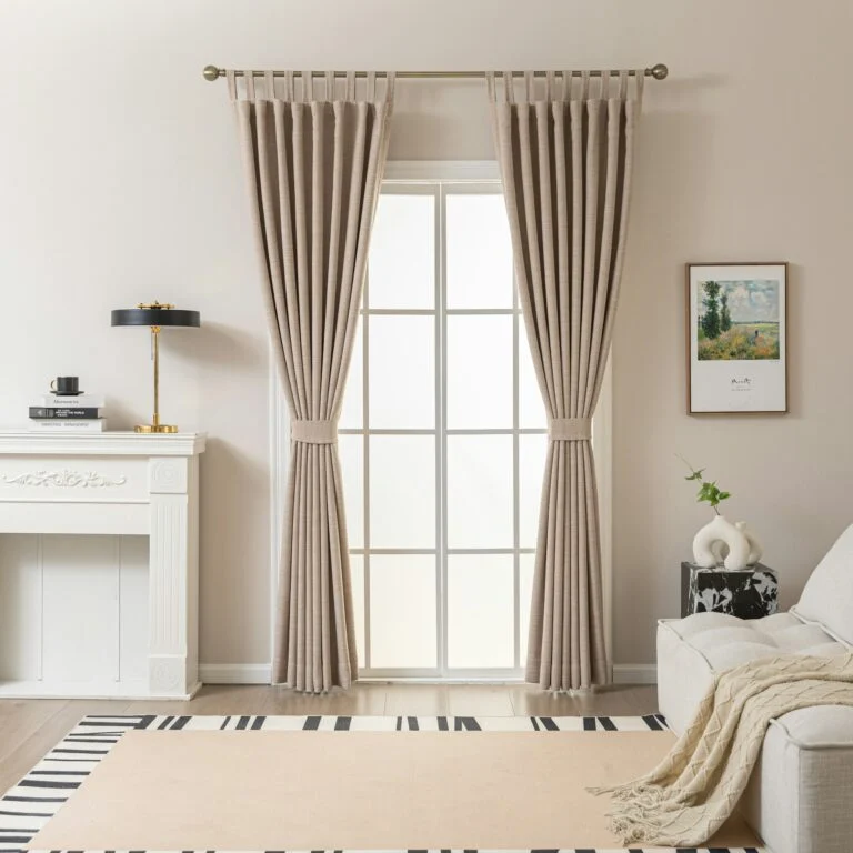 Clean beige curtains on a large living room window