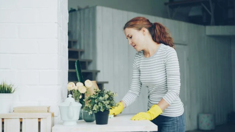 Cleaner in yellow gloves cleaning a table