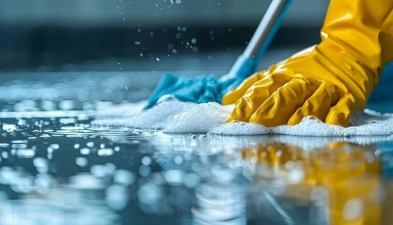 Cleaner in gloves scrubbing a floor
