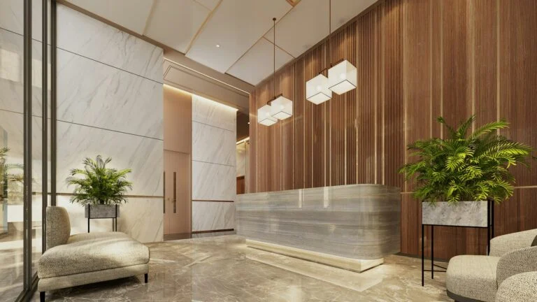 Clean modern office lobby with reception desk